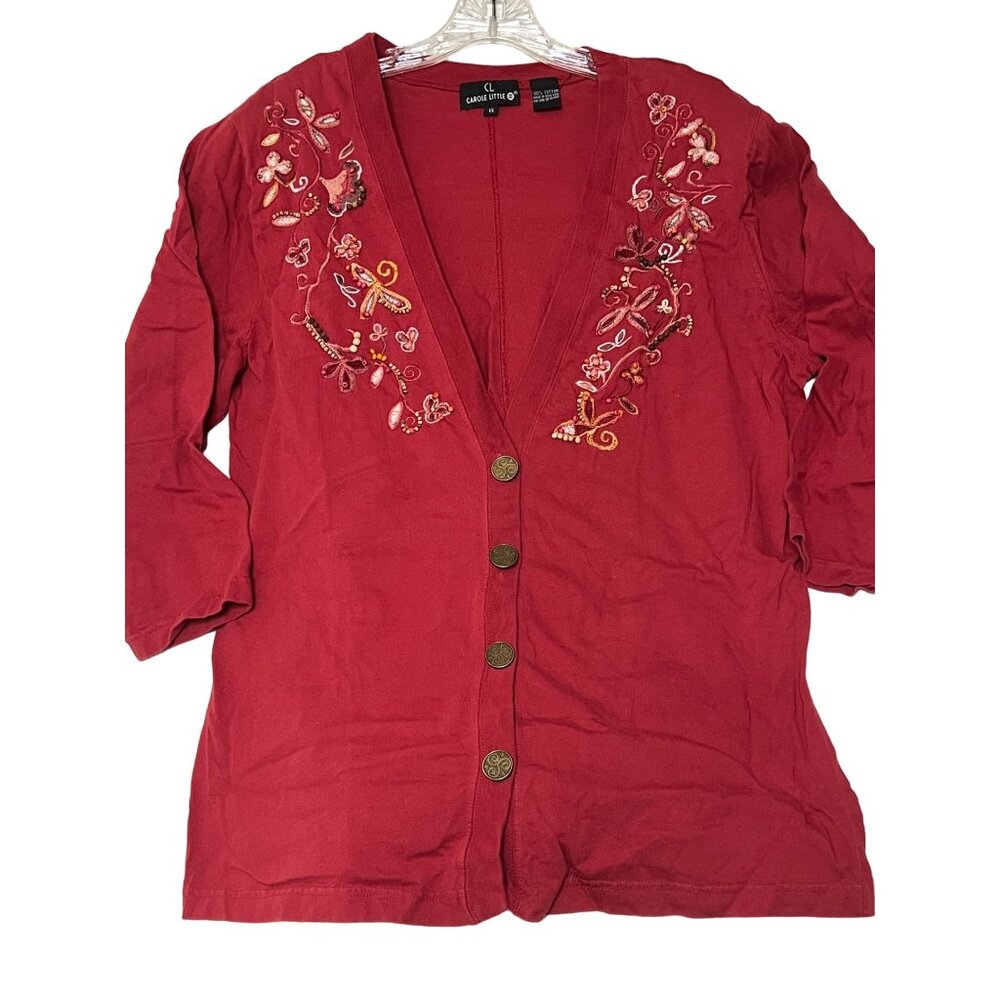 VGT Carole Little Red Embroidered Sequin 3/4 Sleeve Cardigan Button Front 1X Cot